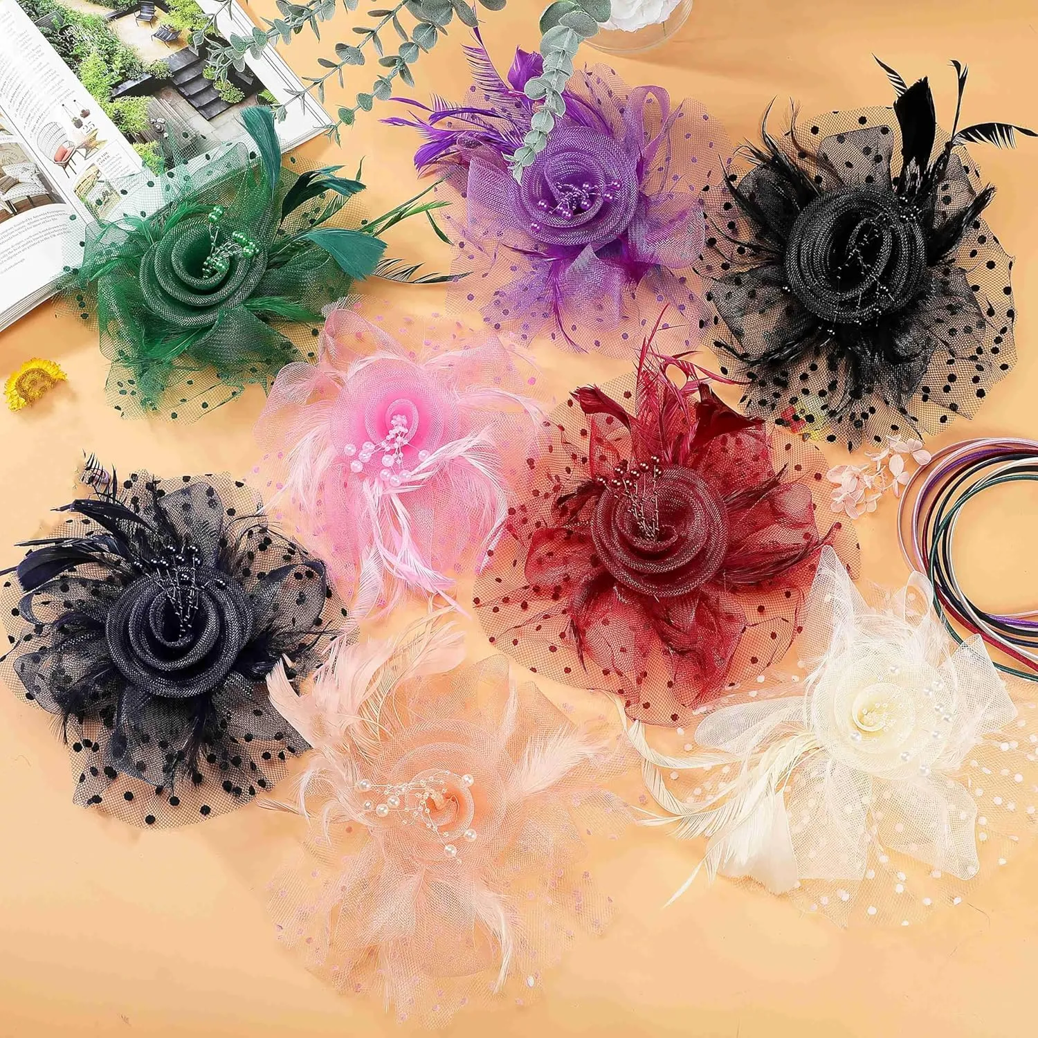 8 PCS Fascinators Hats for Women Tea Party Hat Wedding Mesh Ribbons Cocktail Fancy Flower Feathers Fascinator Clip