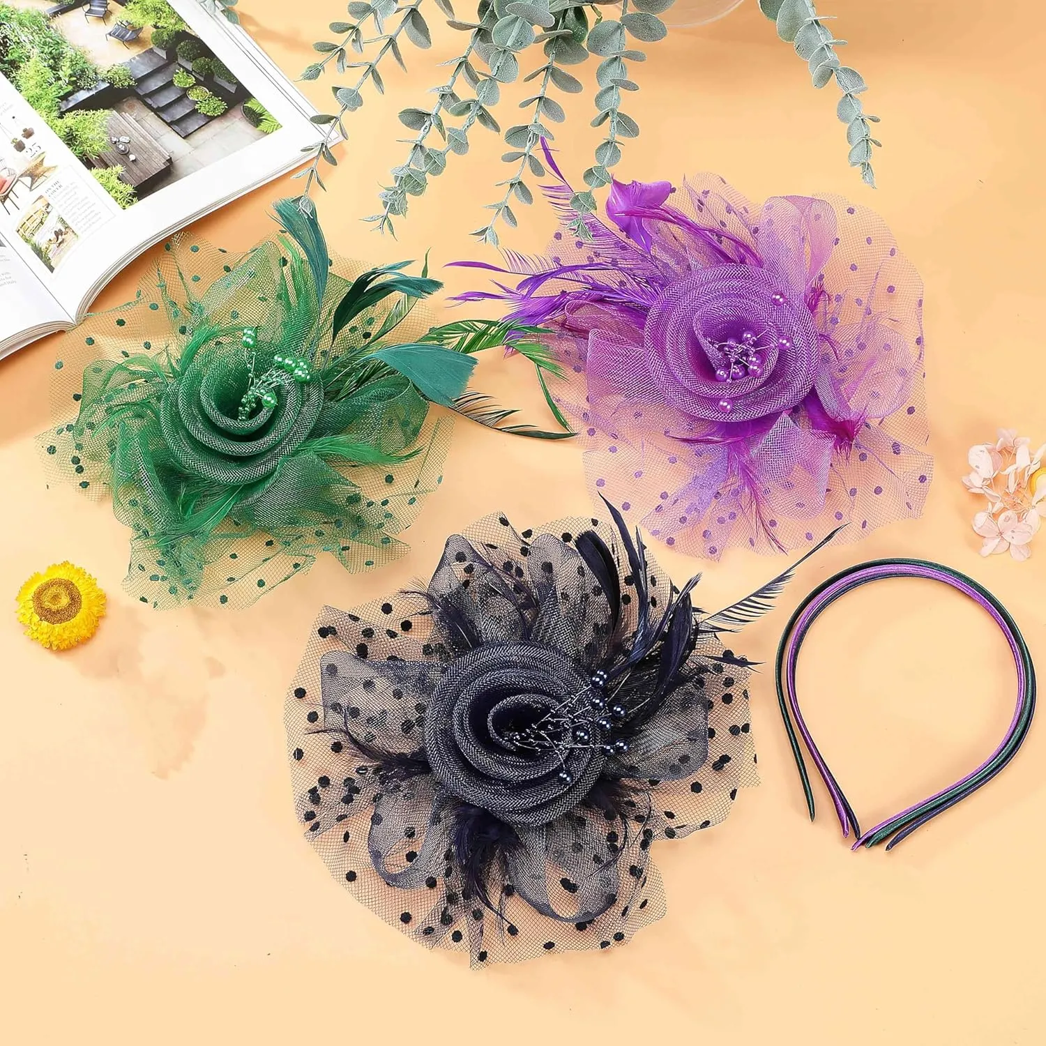 8 PCS Fascinators Hats for Women Tea Party Hat Wedding Mesh Ribbons Cocktail Fancy Flower Feathers Fascinator Clip