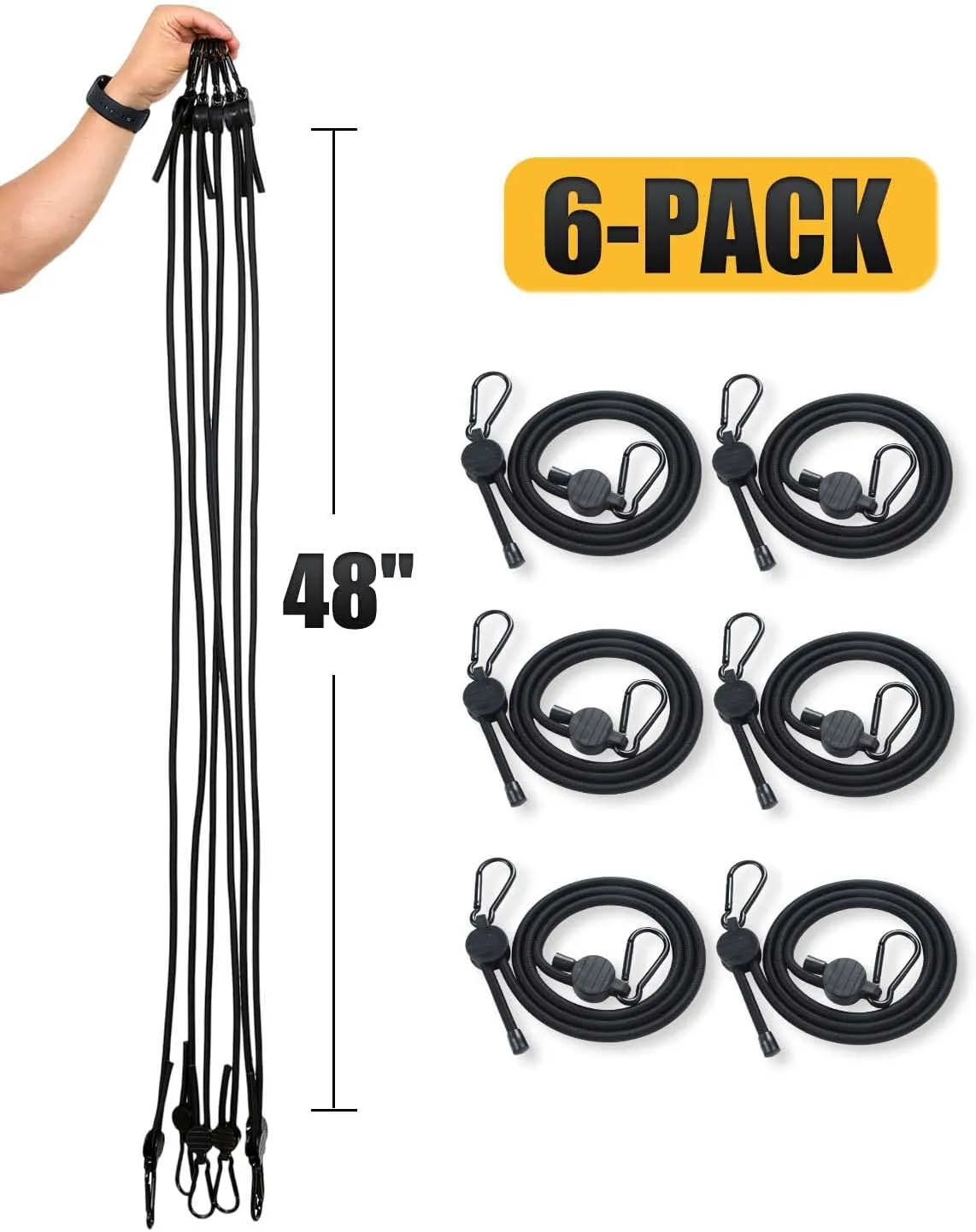 Adjustable Bungee Cords with Hooks, 6 Pack Thick Elastic Straps, Easy to Lengthen and Resecure (7"-48") Strong, Stretchy Tie Downs with Secure Hooks for Cargo, Camping, Tents, Luggage  All-Weather