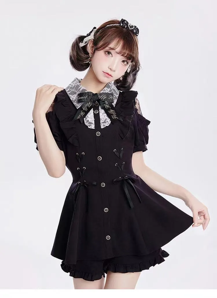 Alice's Japanese Girls' Lace Suit Temperament Personality Short Skirt   Shorts Two-Piece Set
