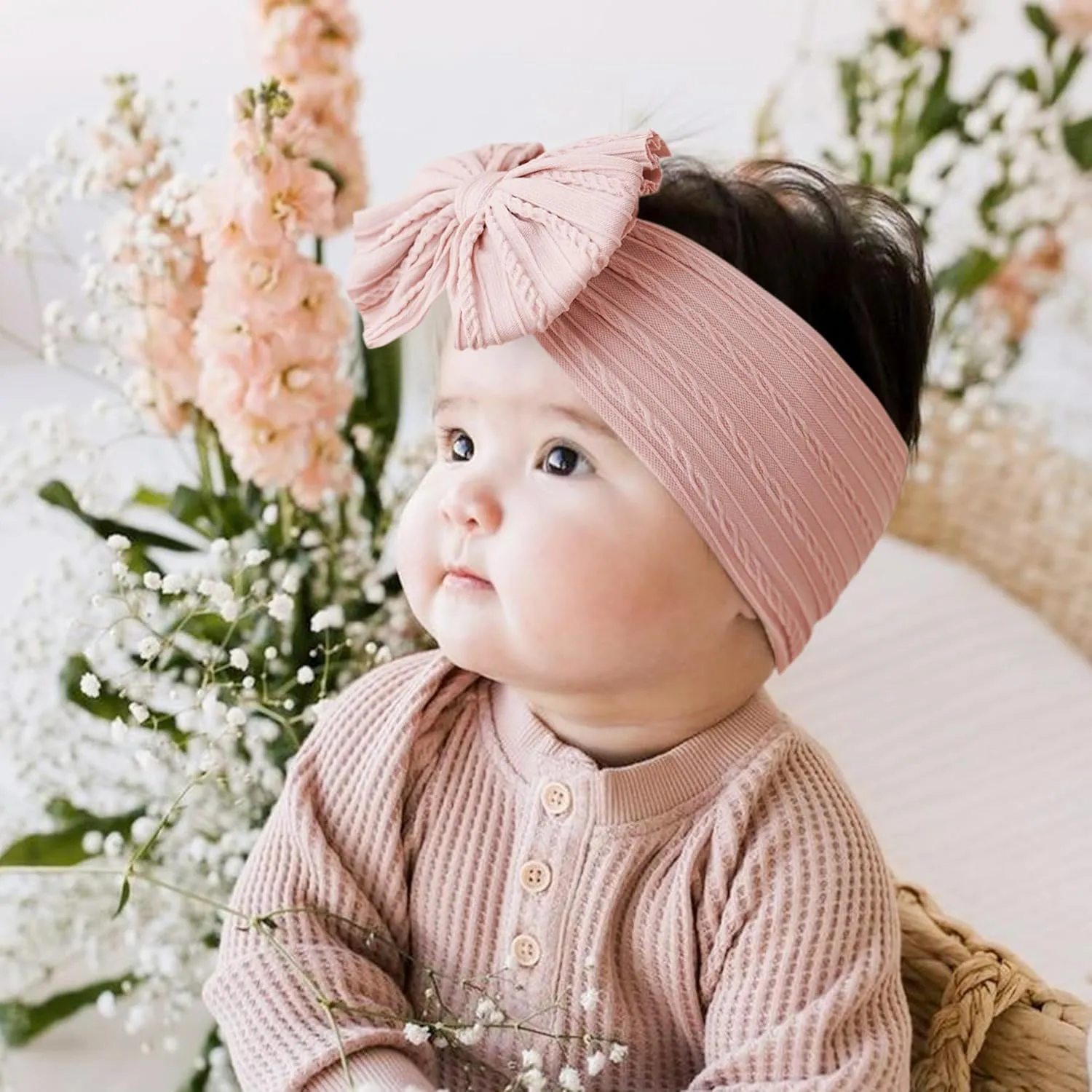 Baby Bows Headbands Nylon Hairbands Baby Girl Bows Hair Accessories for Infant Toddler Essentials (Beige Blush Pink, mid)