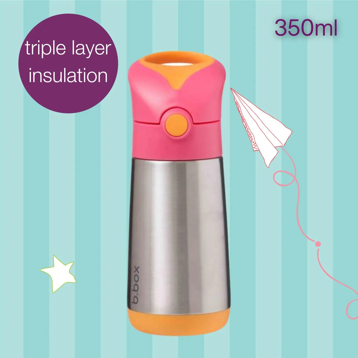 B.Box Insulated Straw Sipper Drink Water Bottle 350ml - Strawberry Shake Pink Orange