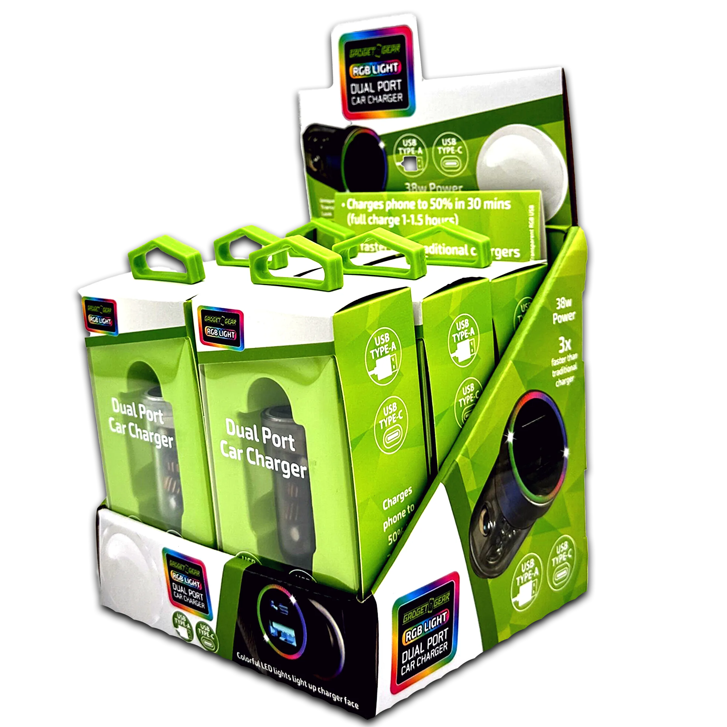 Car Charger  DC Dual Port USB / USB-C with Rgb Light Effects - 6 Pieces Per Retail Ready Display 23878