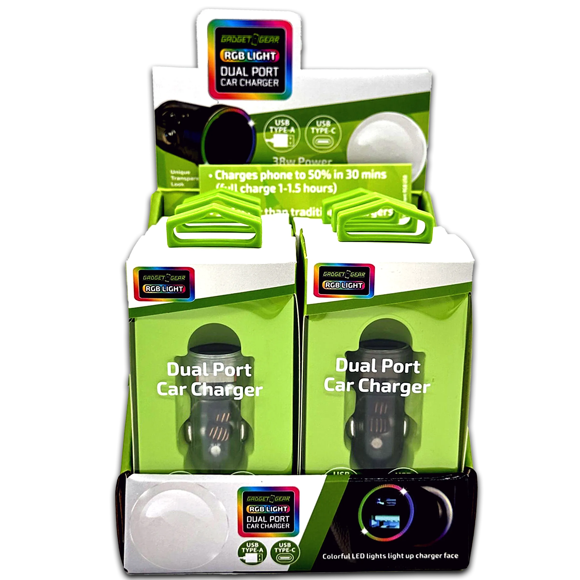 Car Charger  DC Dual Port USB / USB-C with Rgb Light Effects - 6 Pieces Per Retail Ready Display 23878