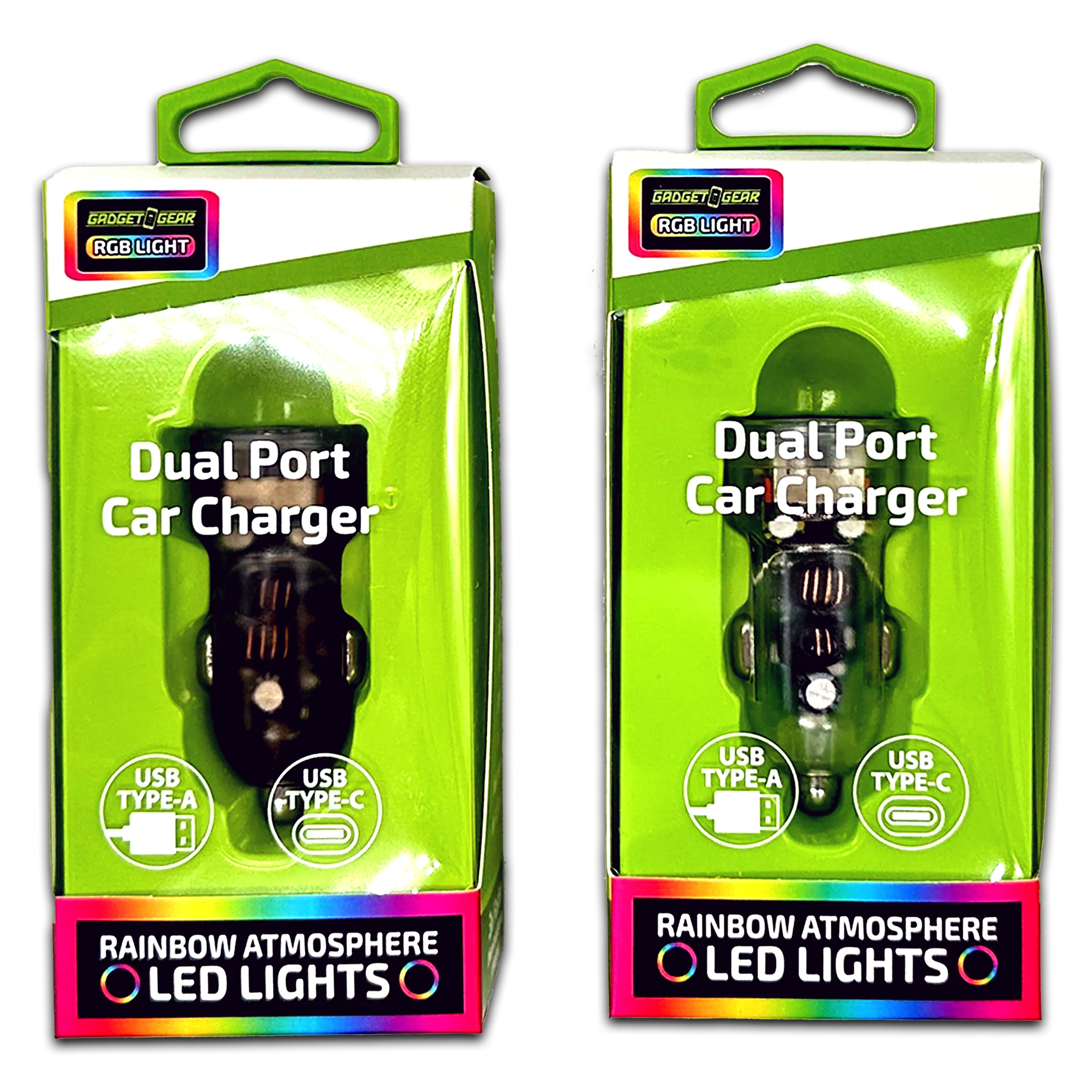 Car Charger  DC Dual Port USB / USB-C with Rgb Light Effects - 6 Pieces Per Retail Ready Display 23878