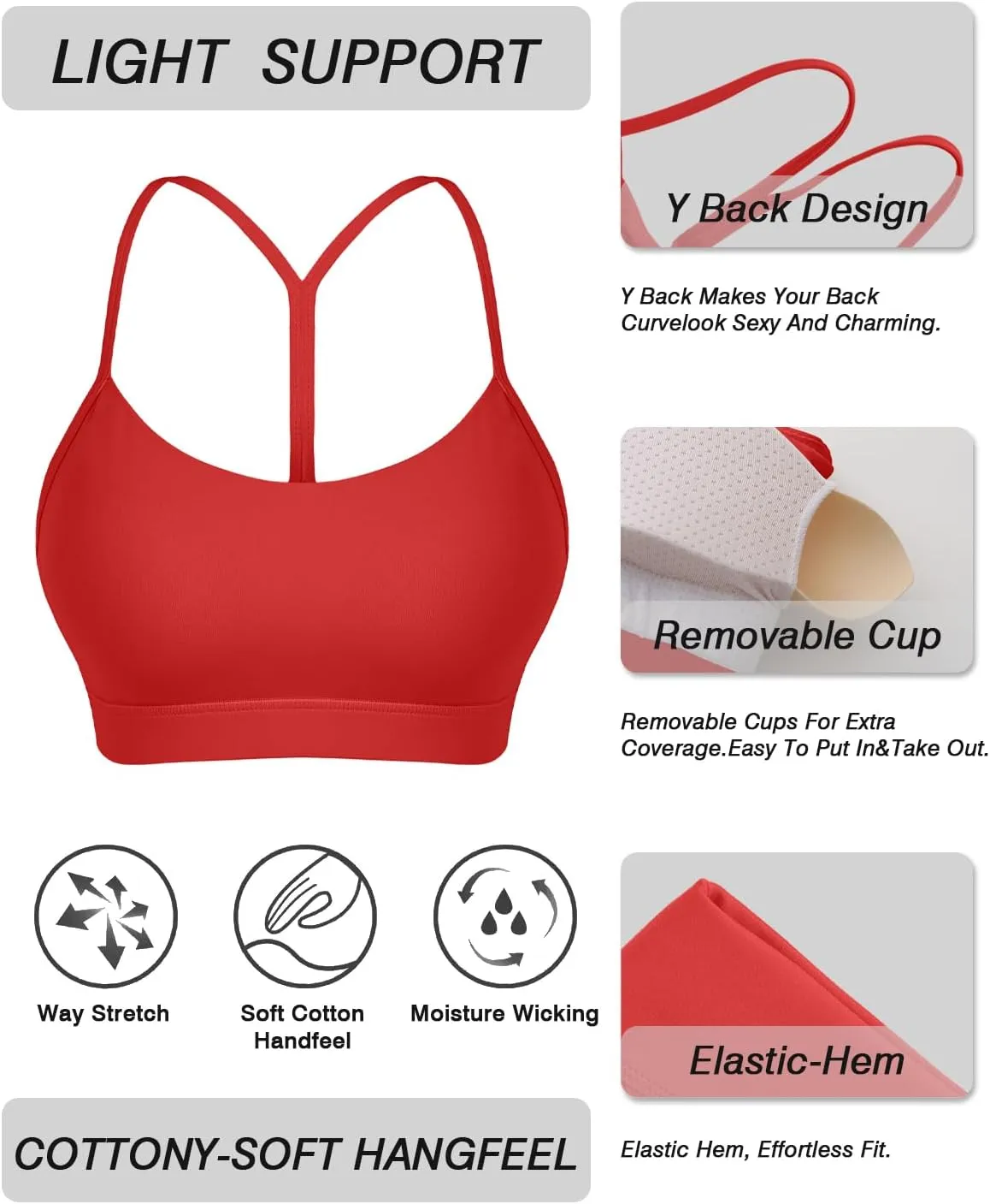 Comper Y Back Sports Bra for Women Low Impact Racerback Workout Bras Sexy Thin Straps Yoga Bras with Removable Pads