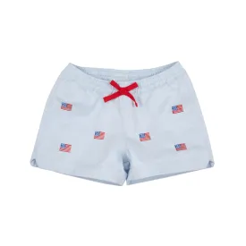 Critter Cheryl Shorts-Twill, Buckhead Blue & American Flag Embroidery With Multicolor Stork