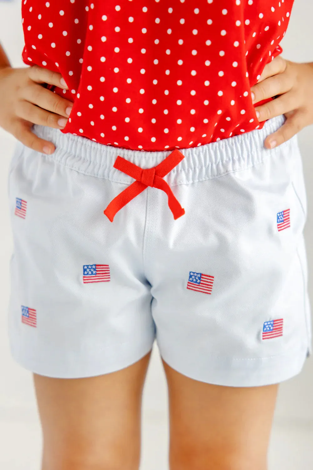 Critter Cheryl Shorts-Twill, Buckhead Blue & American Flag Embroidery With Multicolor Stork