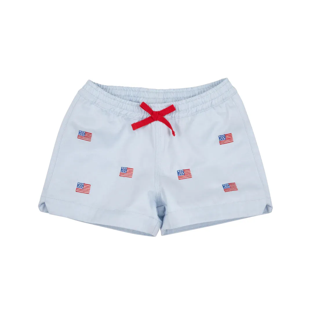 Critter Cheryl Shorts-Twill, Buckhead Blue & American Flag Embroidery With Multicolor Stork