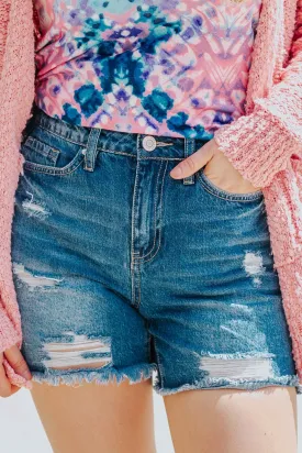 Drop In The Ocean High Rise Medium Wash Distressed Jean Shorts