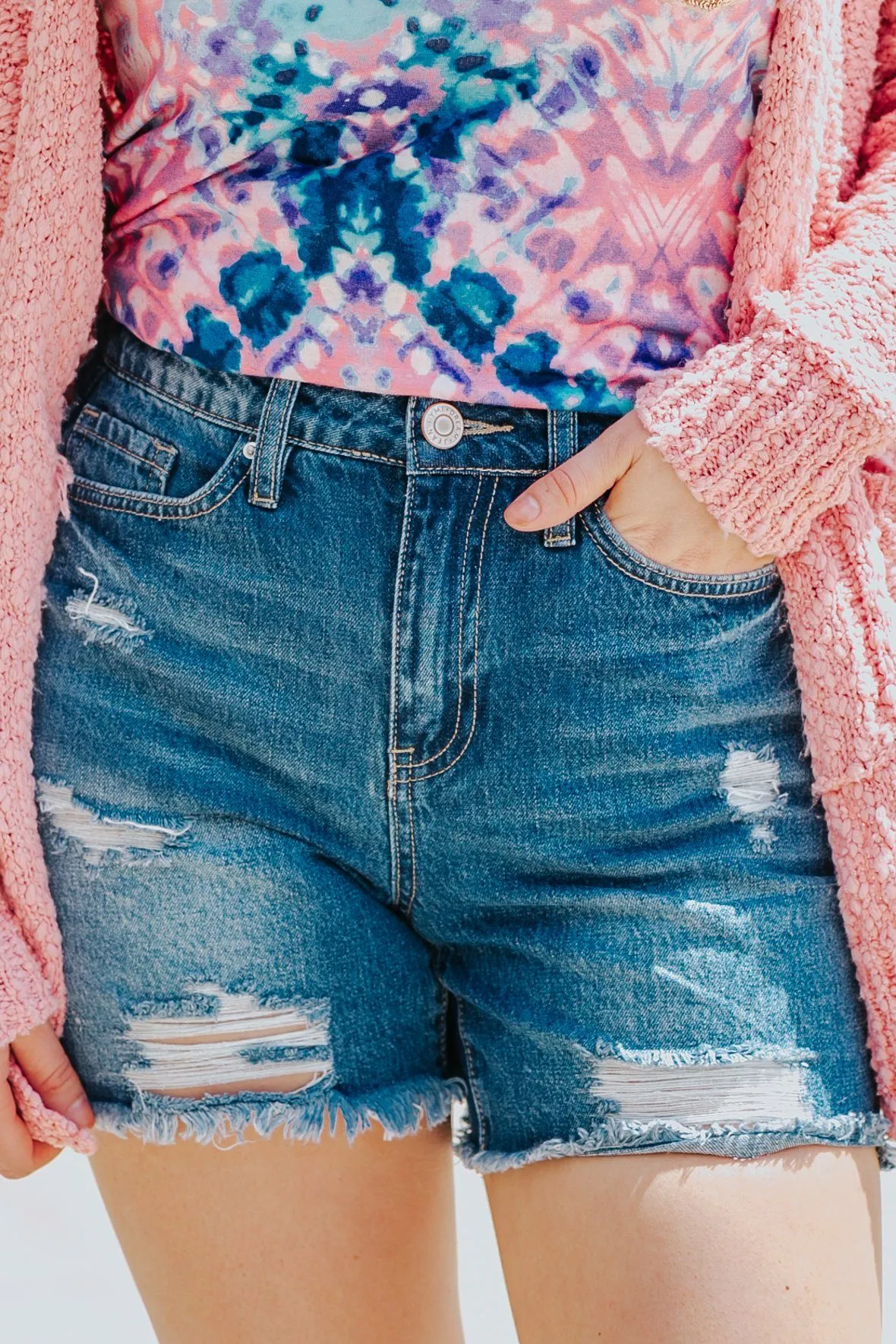 Drop In The Ocean High Rise Medium Wash Distressed Jean Shorts
