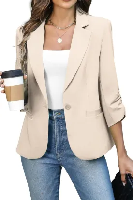 ELLEVEN Women's Ruched 3/4 Sleeve Blazers, Lightweight Slim Fit Jackets with Padded Shoulder for Business Casual