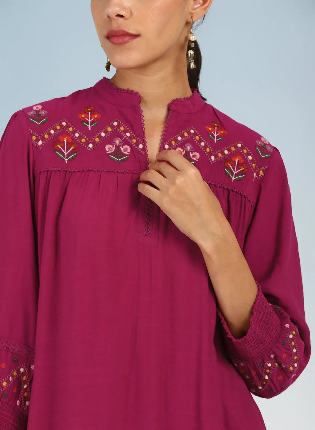 Fuchsia A line Rayon Tunic with Embroidery and Smocking effect Puffed Sleeve