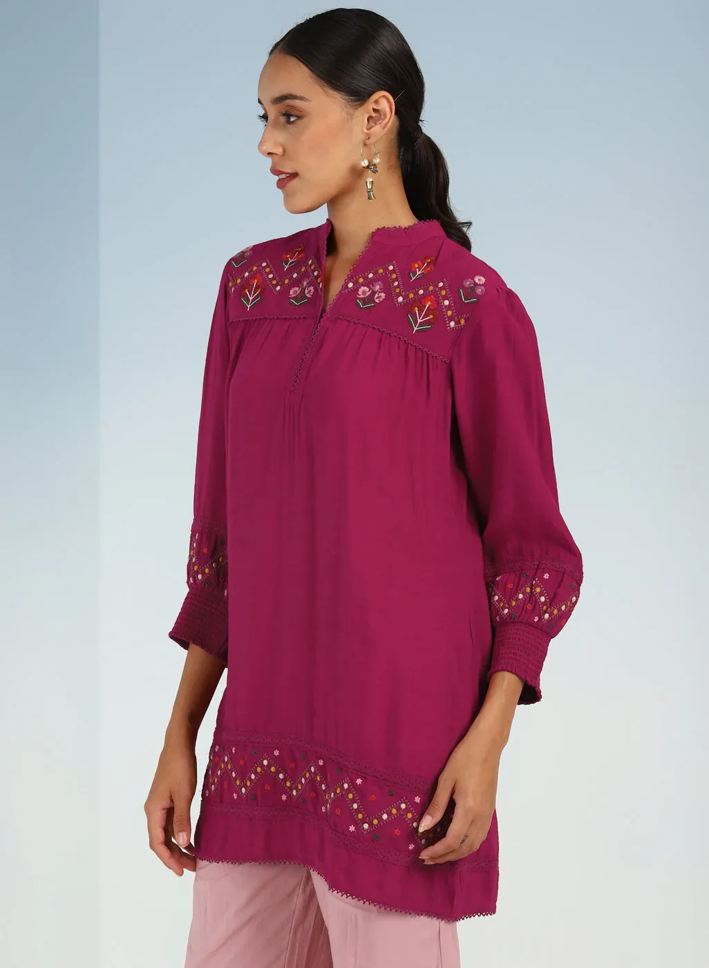 Fuchsia A line Rayon Tunic with Embroidery and Smocking effect Puffed Sleeve