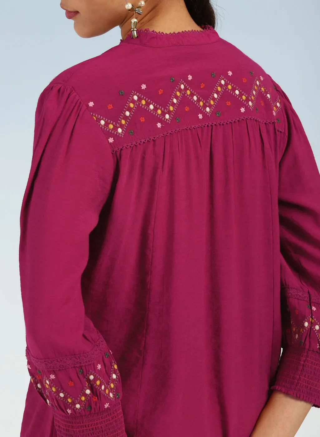 Fuchsia A line Rayon Tunic with Embroidery and Smocking effect Puffed Sleeve