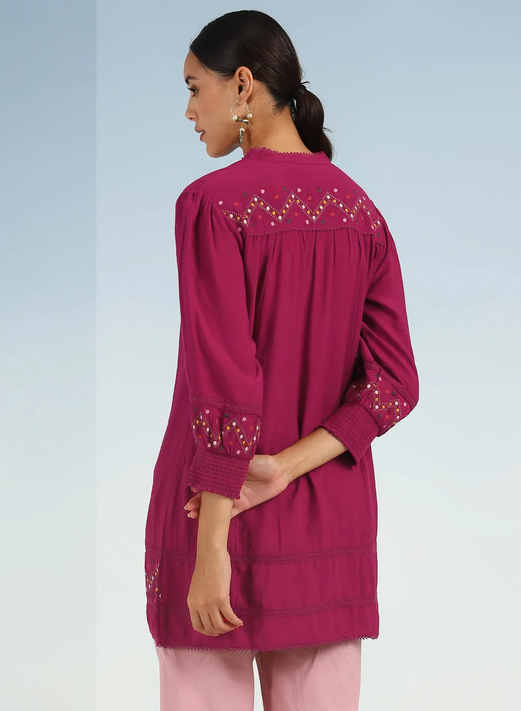 Fuchsia A line Rayon Tunic with Embroidery and Smocking effect Puffed Sleeve