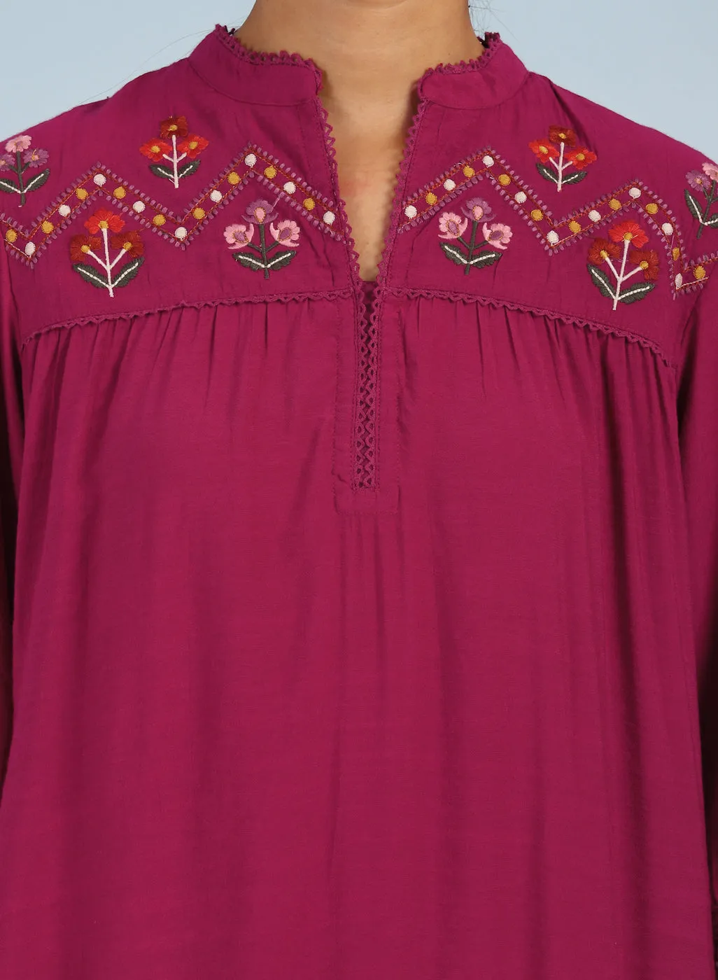 Fuchsia A line Rayon Tunic with Embroidery and Smocking effect Puffed Sleeve