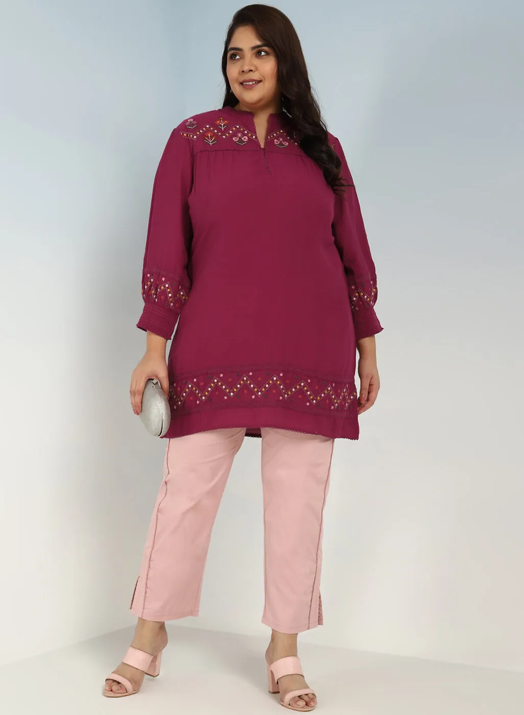 Fuchsia A line Rayon Tunic with Embroidery and Smocking effect Puffed Sleeve