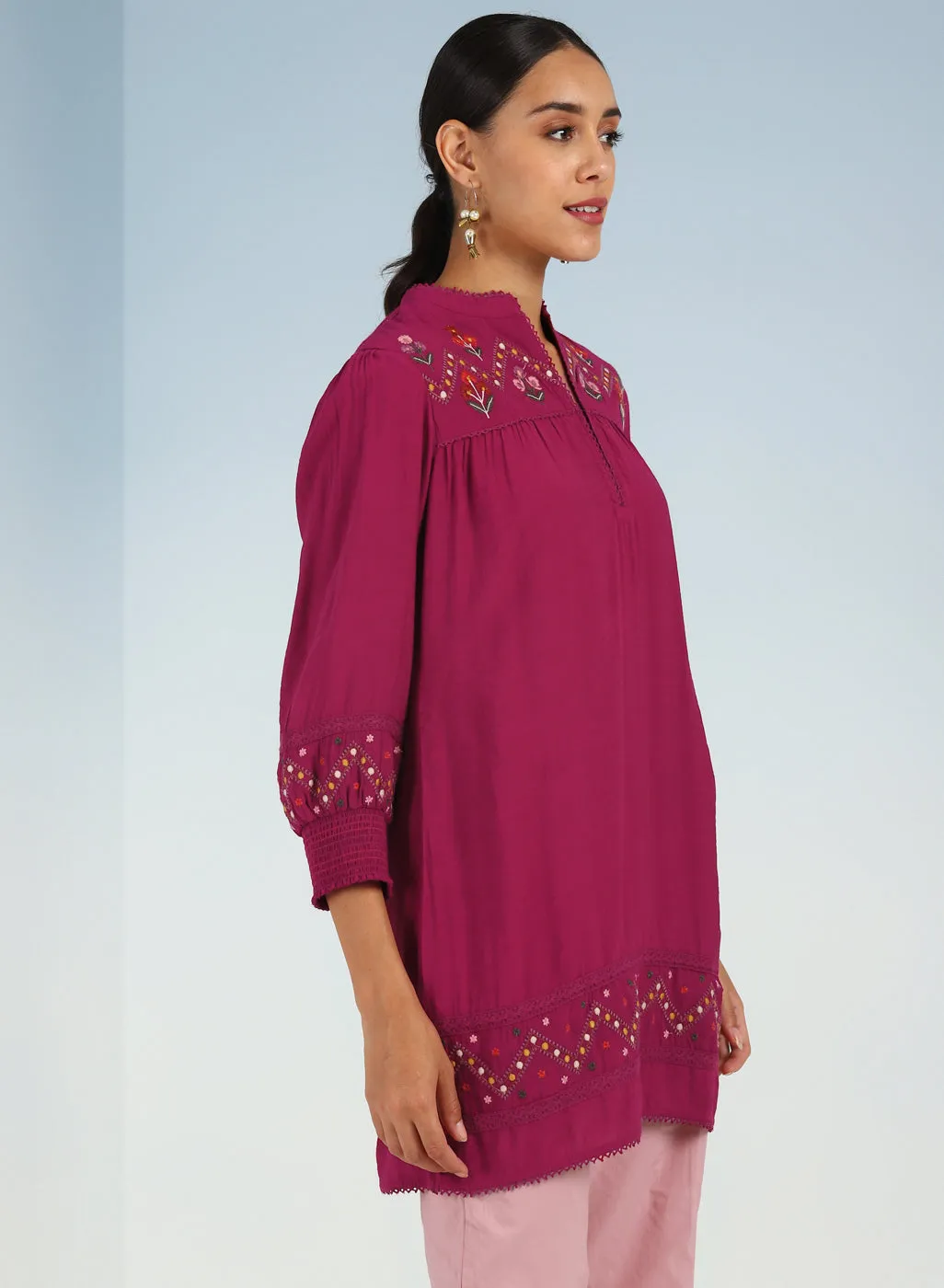 Fuchsia A line Rayon Tunic with Embroidery and Smocking effect Puffed Sleeve
