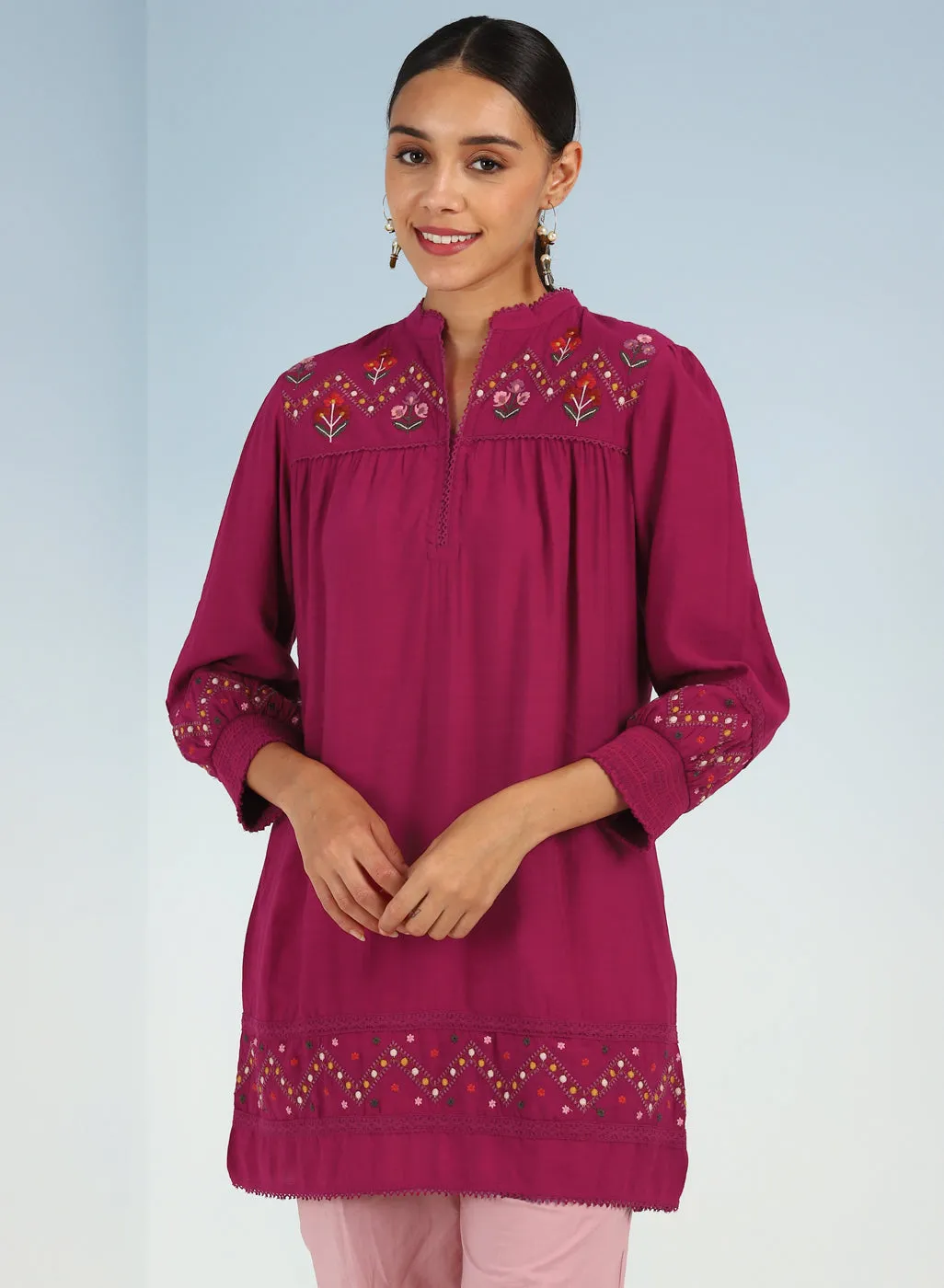 Fuchsia A line Rayon Tunic with Embroidery and Smocking effect Puffed Sleeve