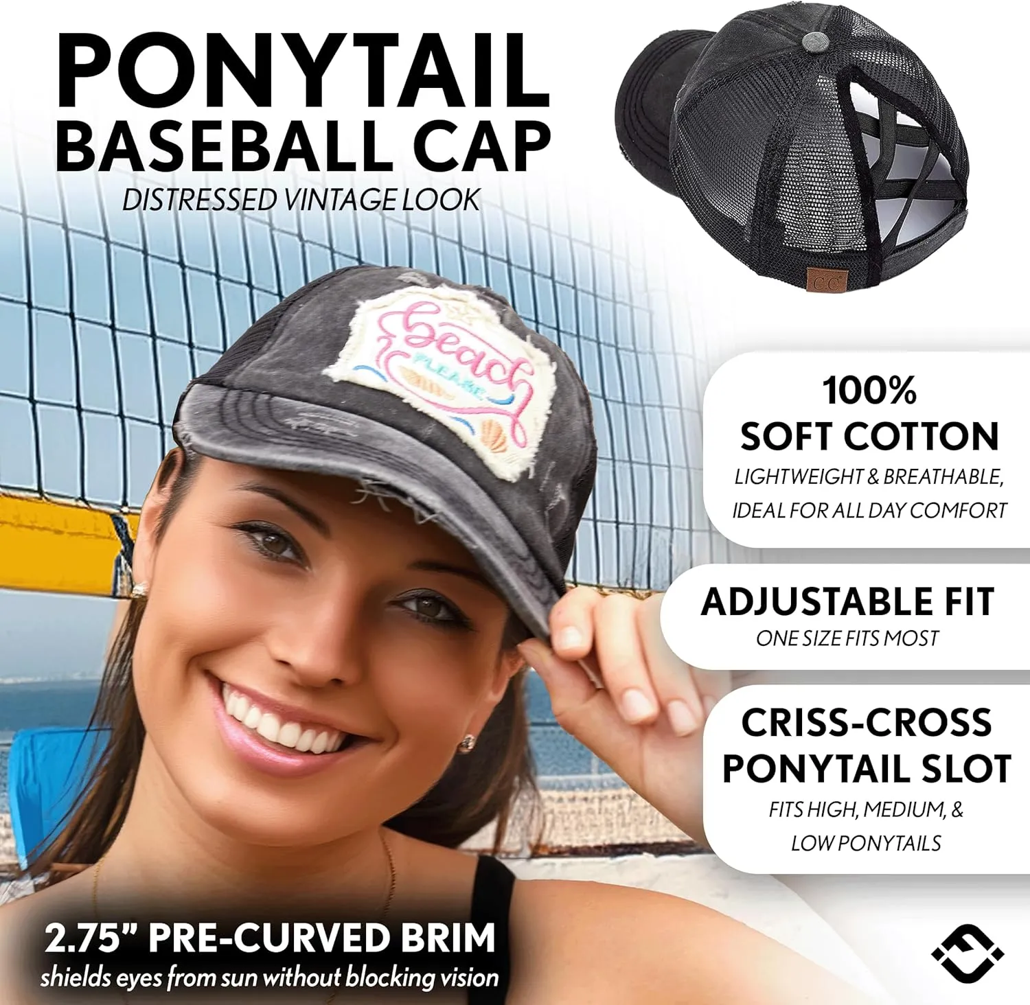 Funky Junque Women's Distressed Ponytail Mesh Trucker Cap - Criss Cross Elastic Bands