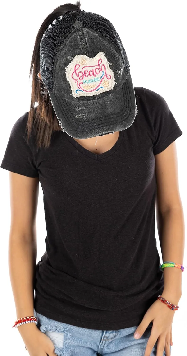 Funky Junque Women's Distressed Ponytail Mesh Trucker Cap - Criss Cross Elastic Bands