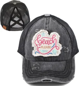 Funky Junque Women's Distressed Ponytail Mesh Trucker Cap - Criss Cross Elastic Bands