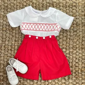 Heirloom Smocked Christmas outfit- Shirt with Button on Shorts