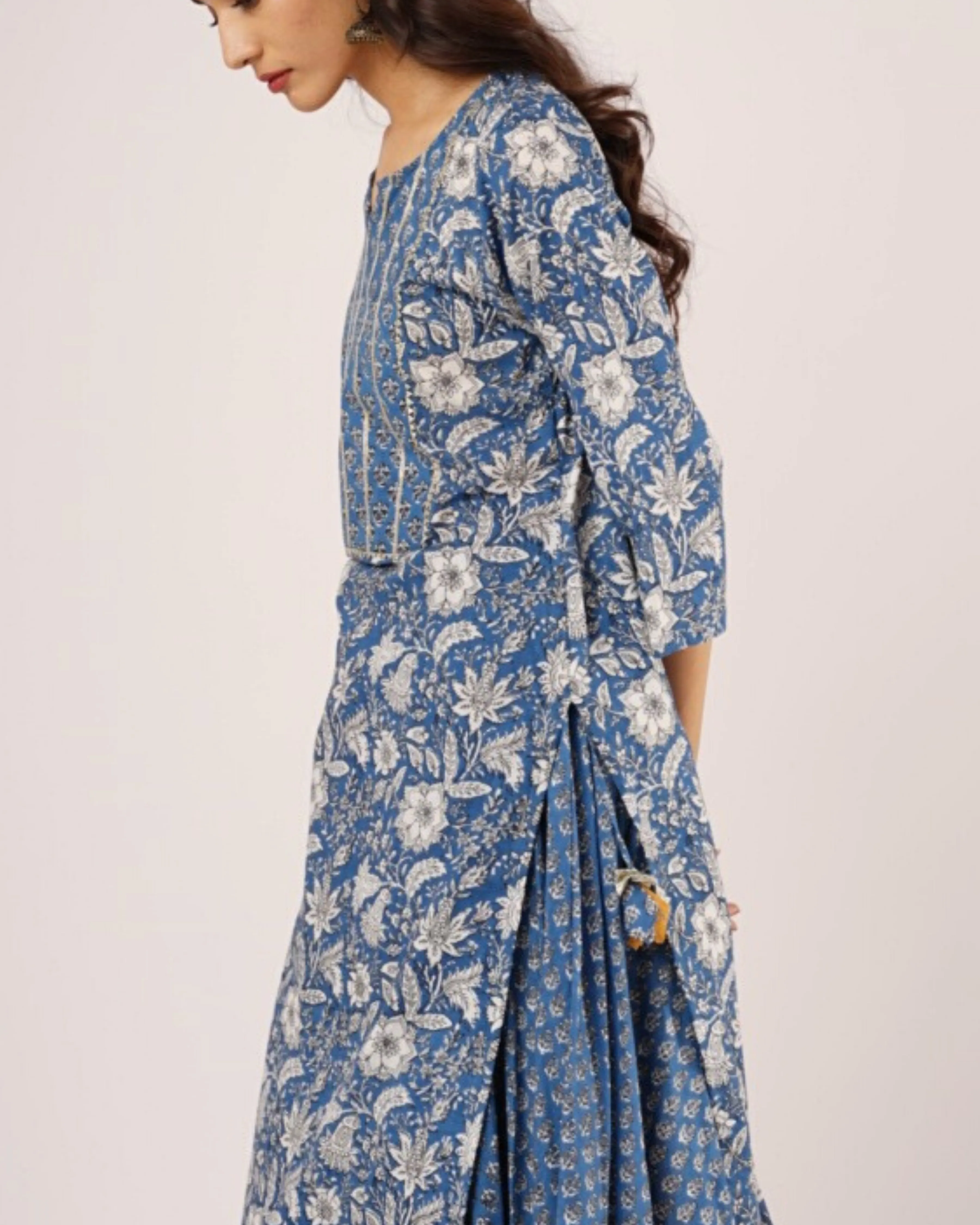 Indian Boota Blue Kurta Skirt - Set of 2