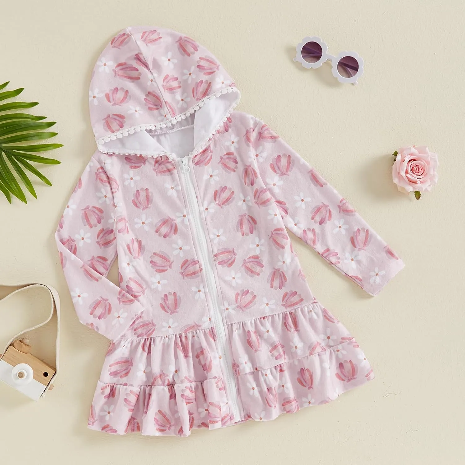 Kids Hooded Terry Swim Cover Up for Girl Swimsuit Summer Zip Ruffle Dress Long Sleeve Floral Towel Coverup Swimwear