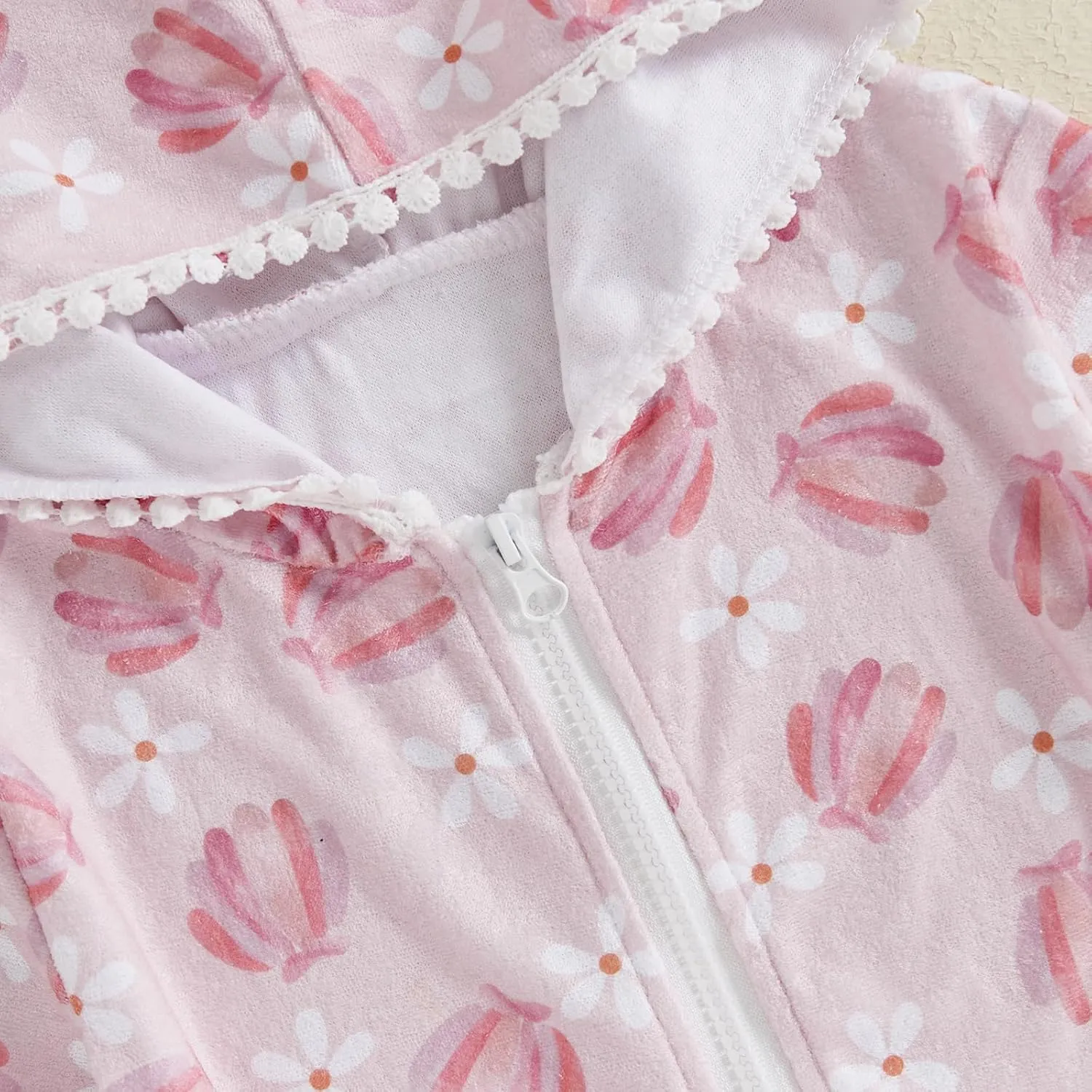 Kids Hooded Terry Swim Cover Up for Girl Swimsuit Summer Zip Ruffle Dress Long Sleeve Floral Towel Coverup Swimwear