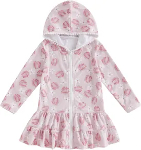 Kids Hooded Terry Swim Cover Up for Girl Swimsuit Summer Zip Ruffle Dress Long Sleeve Floral Towel Coverup Swimwear