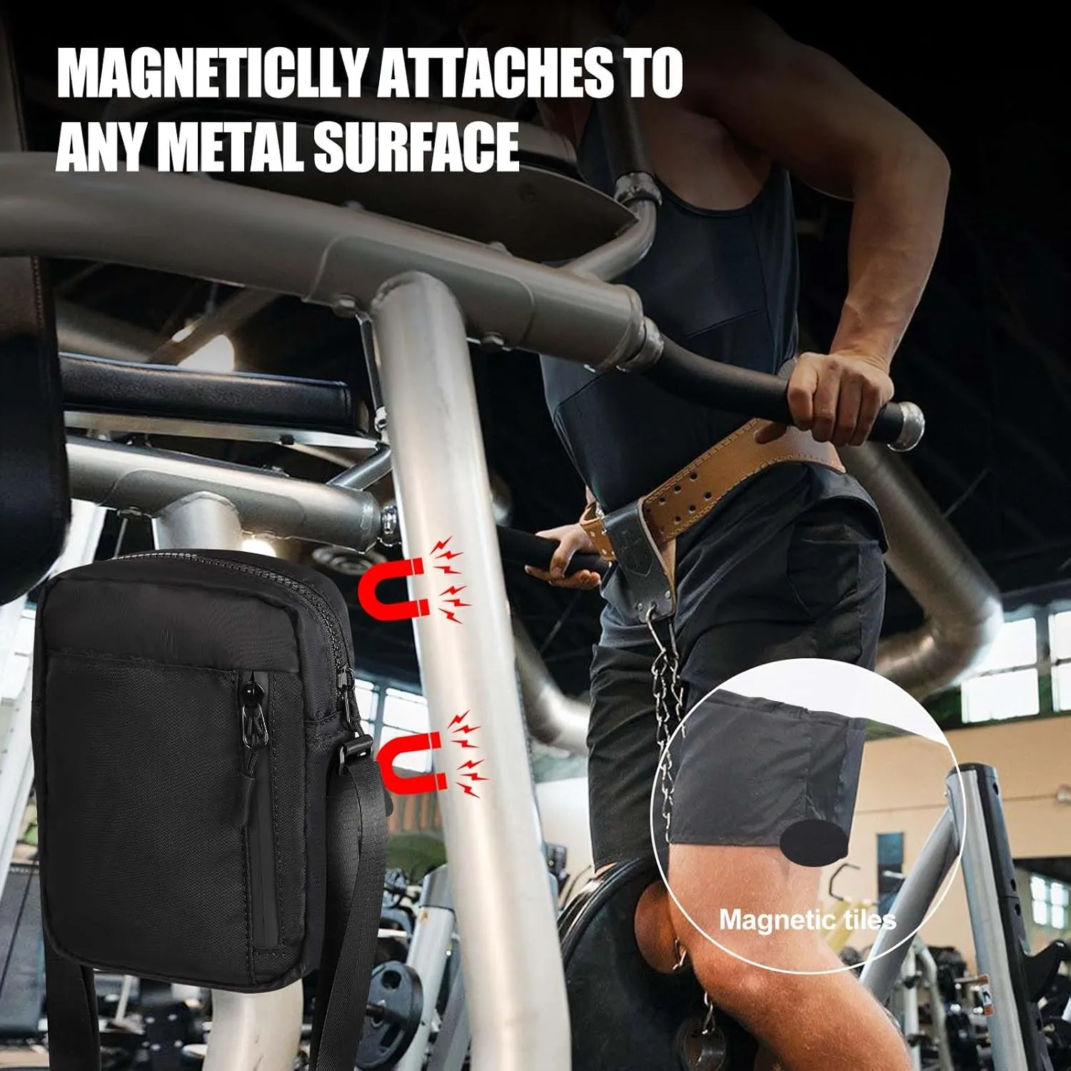 Magnetic Gym Bag, Small Gym Bag for Women and Men, Water Bottle Holder for Gym, Golf Tee Pouch, Work and Sports (Black)
