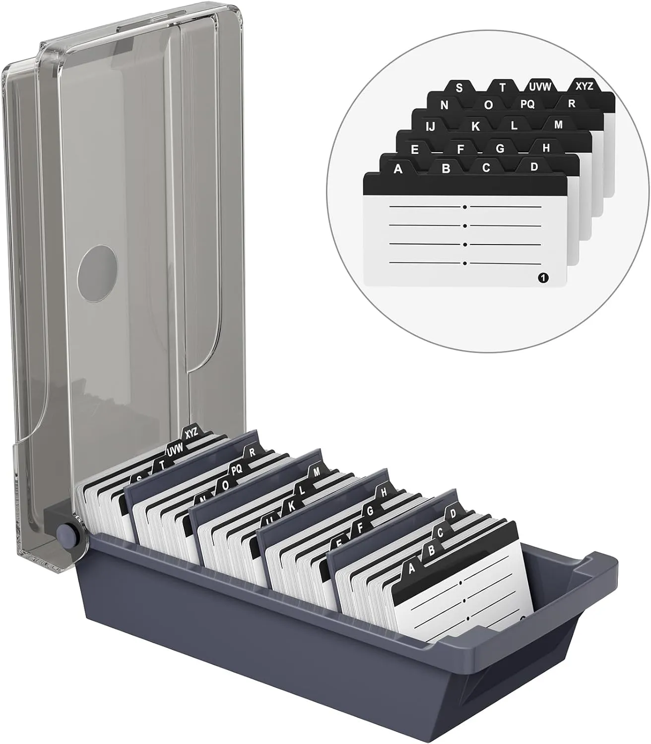 MaxGear Business Card Holder for Desk, Large Plastic Business Card Organizer Box, Credit Cards Holder File Box Storage, Capacity: 500 Cards (3.5 x 2.2), A-Z Tabs, Metal Structure, Black
