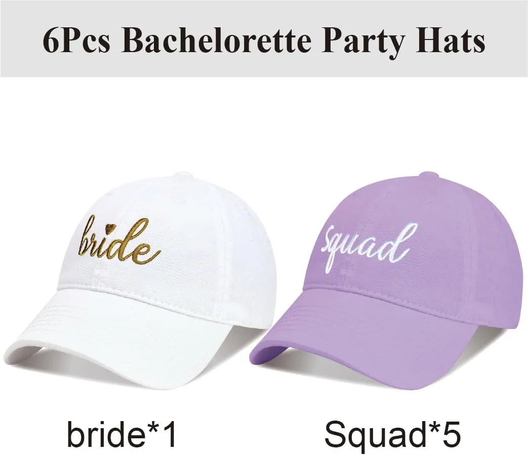PartyGifts&beyond 6Packs Bachelorette Hat Bridesmaid Hat Bachelorette Party Favors Embroidered Bride Squad Baseball Cap