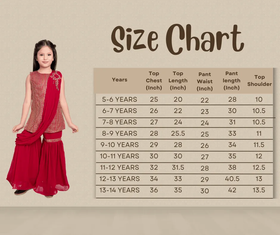 Red Striped Sequinned Kurta with Sharara & With Dupatta For Girls