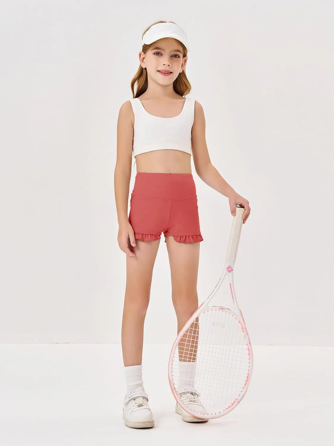 RRHSS Girls Athletic High Waisted Ruffle Shorts - Comfy Yoga Dance Workout Gymnastics
