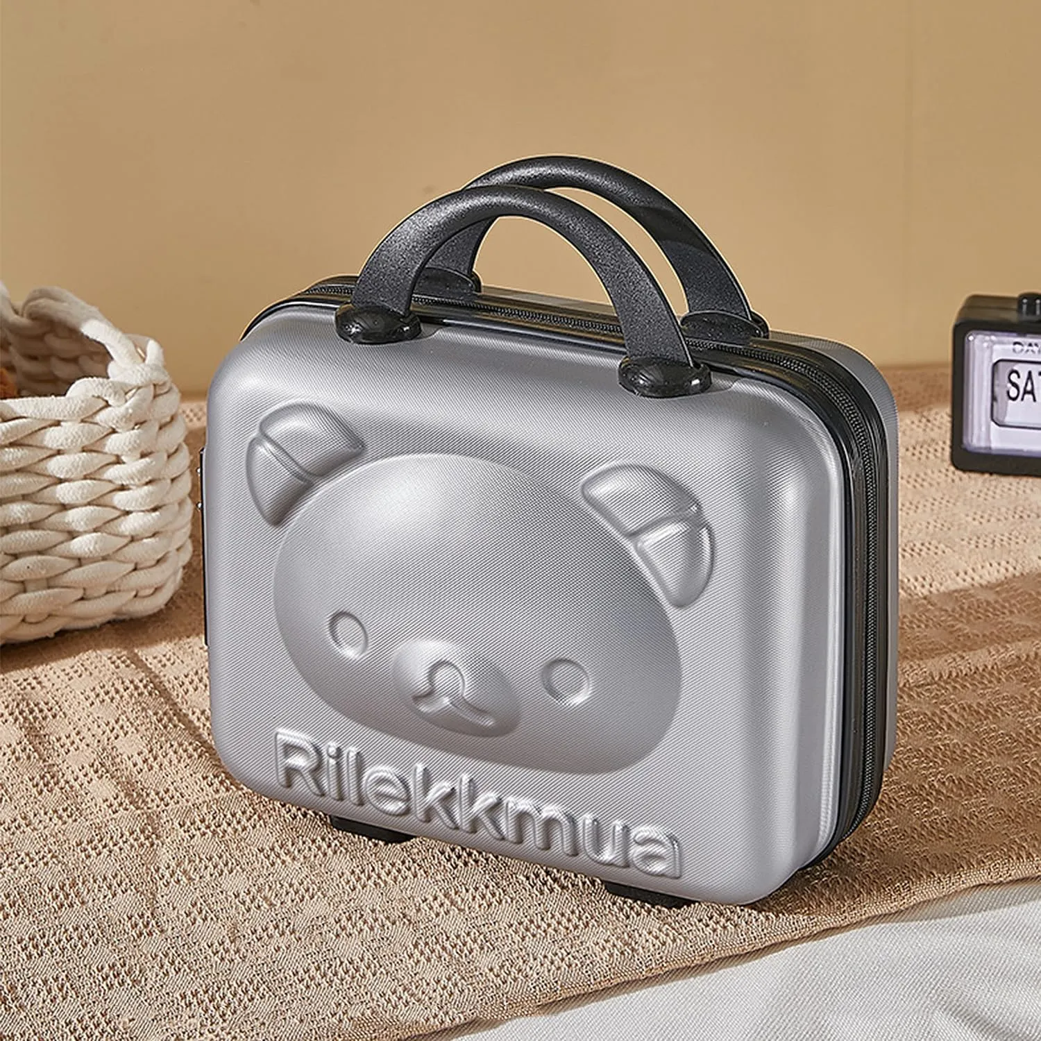 Small Hard Shell Cosmetic Case 14 Inch /16 Inch Cute Bear Cosmetic Case Box Beauty Makeup Bag Organizer Cartoon Travel Suitcase Luggage Storage Bag, Green, S (14 Inch), Cute