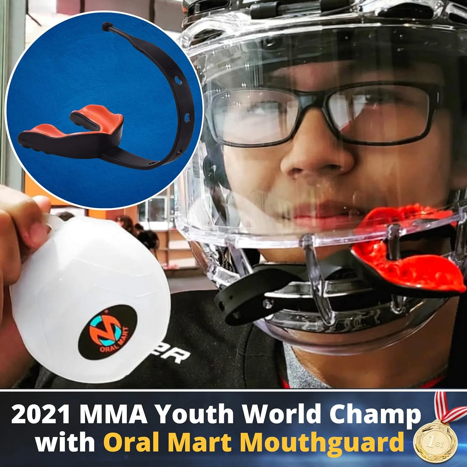Strapped Mouth Guard for Football, Lacrosse, Ice Hockey, Taekwondo (USA Flag, Fangs, 15  Colors to Choose from) - Sports Mouthguard with Fixed Strap (Strapped, Youth or Adult)