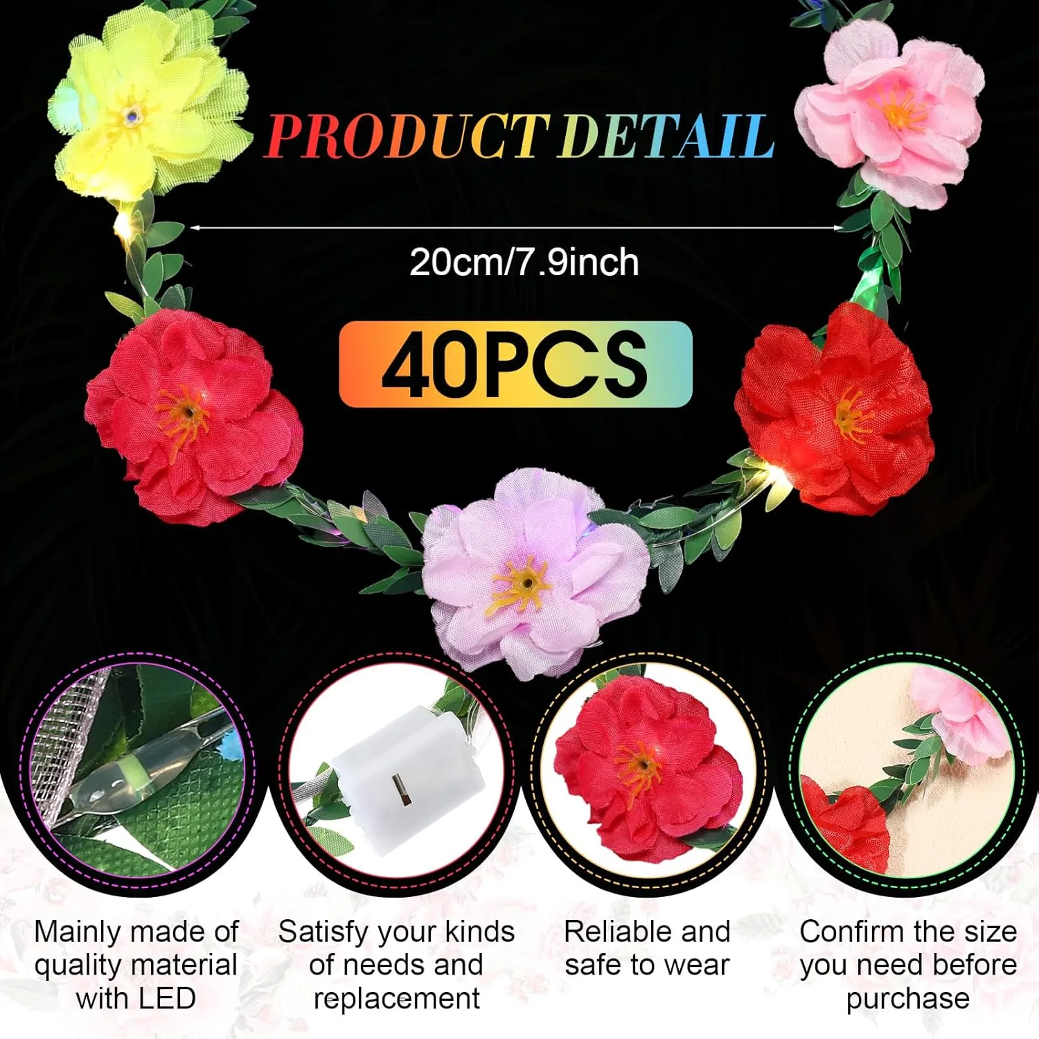 Syhood 50 Pcs LED Flower Crowns Headbands, Light up Flower Crowns for Women, Glow in The Dark Headband for Wedding Reception Birthday Christmas Mardi Gras Cosplay Princess Party Favors(Peony)