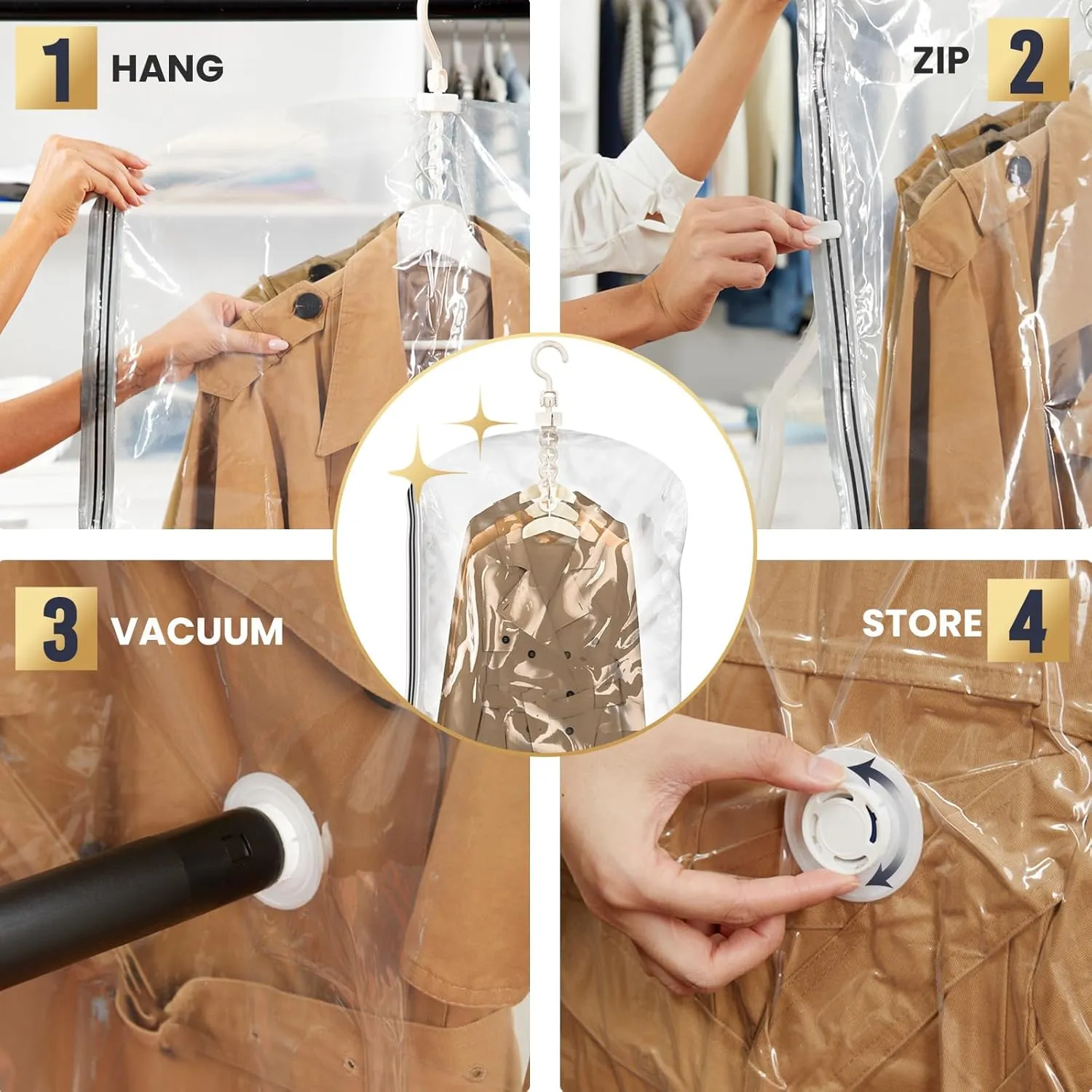 TAILI Hanging Vacuum Storage Sealer Bags Space Saver Bag for Clothing, Suits and Jackets, Closet Organizers, Travel, Set of 4 (2 Long, 2 Short), Clear