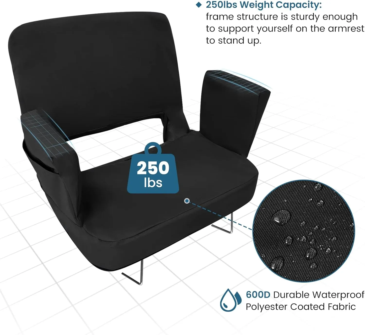 TOPSKY Stadium Seat with Back Support, Regular Size 18.7Width (Seat 17), 3 Reclining Positions, Wide Bleacher Seats with 2 Hook, Picnic Seat (Black)
