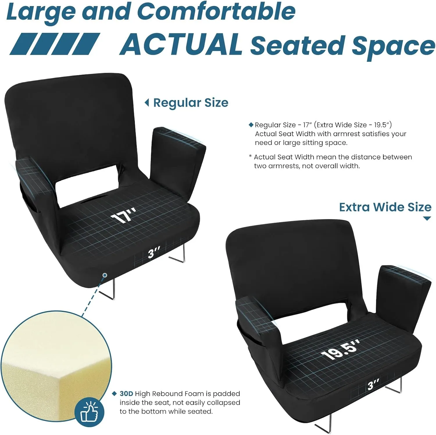 TOPSKY Stadium Seat with Back Support, Regular Size 18.7Width (Seat 17), 3 Reclining Positions, Wide Bleacher Seats with 2 Hook, Picnic Seat (Black)