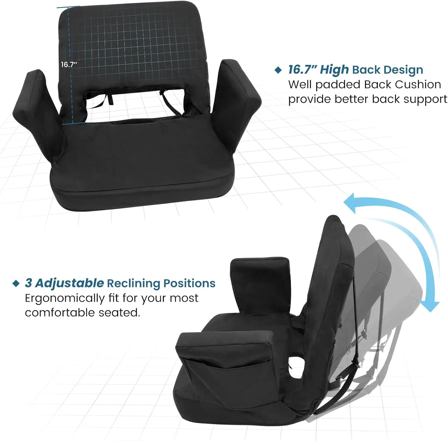 TOPSKY Stadium Seat with Back Support, Regular Size 18.7Width (Seat 17), 3 Reclining Positions, Wide Bleacher Seats with 2 Hook, Picnic Seat (Black)