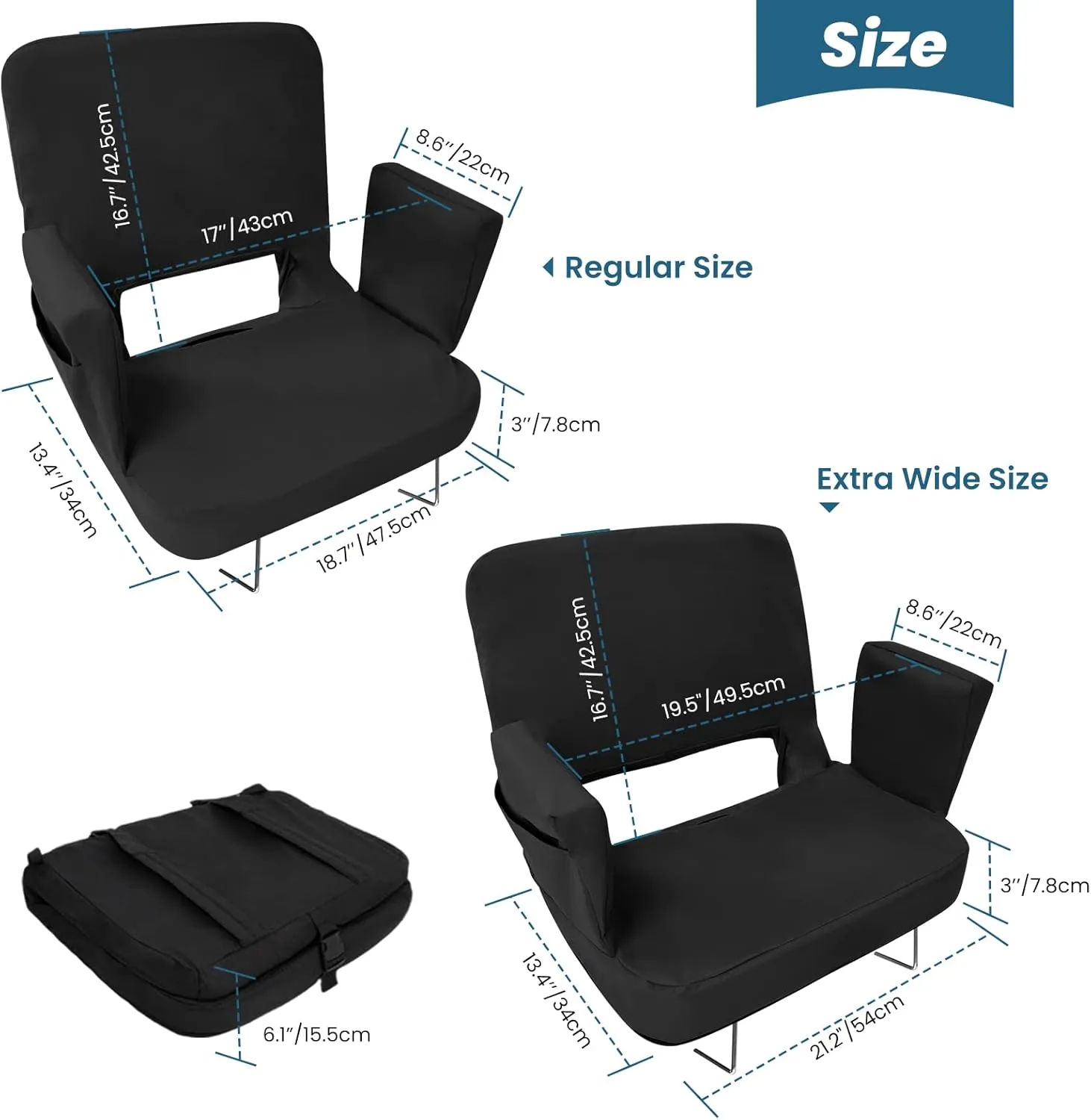 TOPSKY Stadium Seat with Back Support, Regular Size 18.7Width (Seat 17), 3 Reclining Positions, Wide Bleacher Seats with 2 Hook, Picnic Seat (Black)