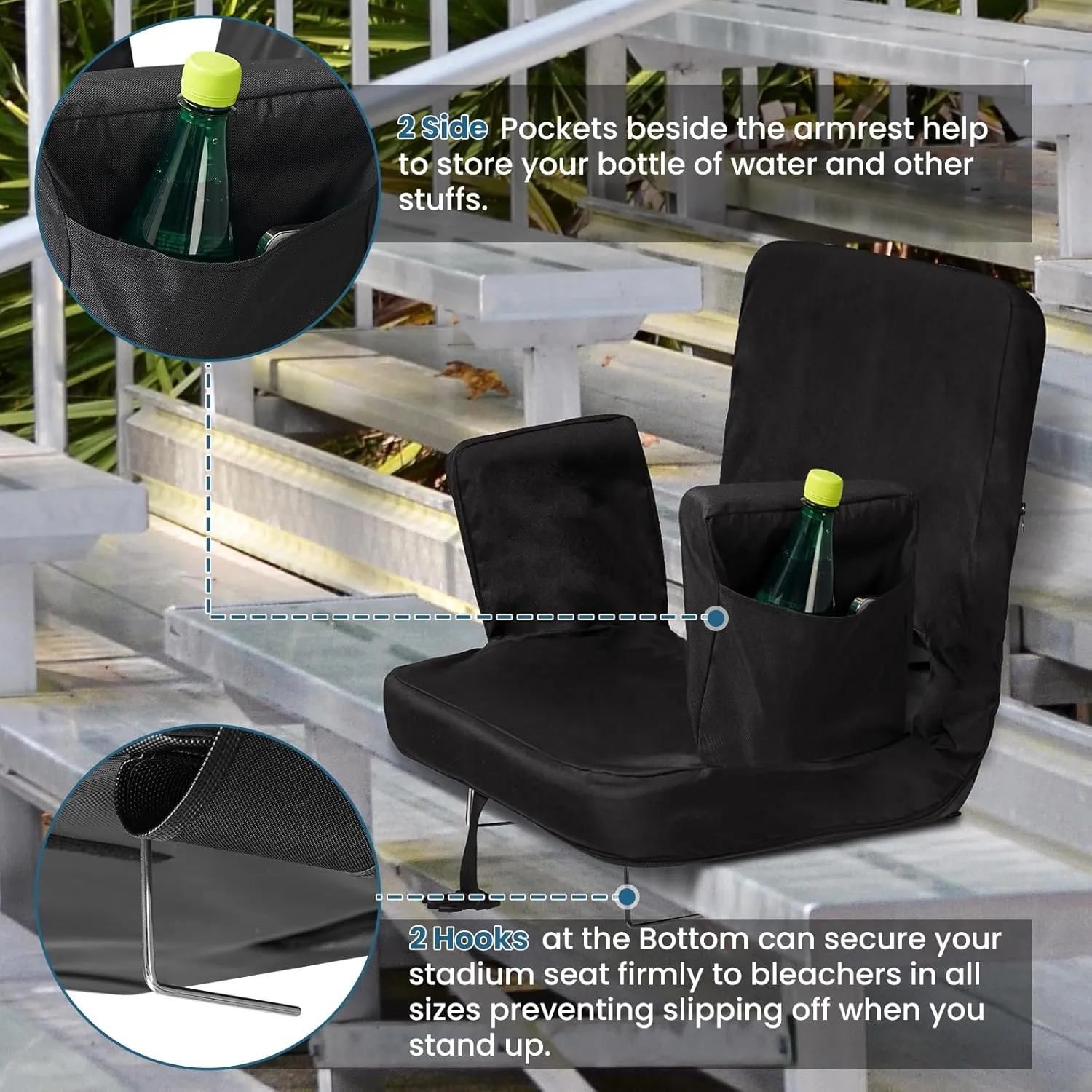 TOPSKY Stadium Seat with Back Support, Regular Size 18.7Width (Seat 17), 3 Reclining Positions, Wide Bleacher Seats with 2 Hook, Picnic Seat (Black)