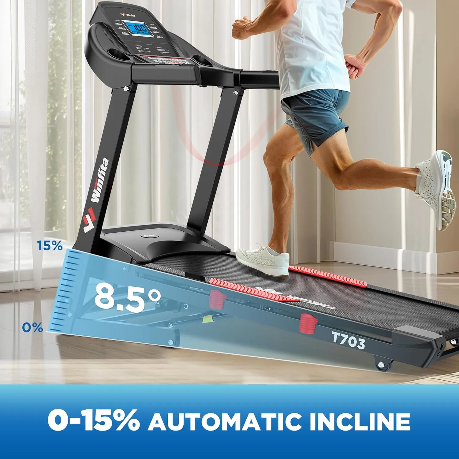 Treadmill with Auto Incline, Folding Treadmills for Home with 300LBS Weight Capacity, Shock Absorption, Bluetooth, App Connectivity, Pause Function, BMI Detector, 64 Programs, Pulse Monitor