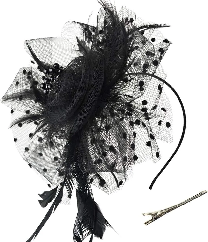 Women Fascinators Hat Tea Party Headwear Kentucky-Derby Headwear with Clip Mesh Veil Headdress for Wedding
