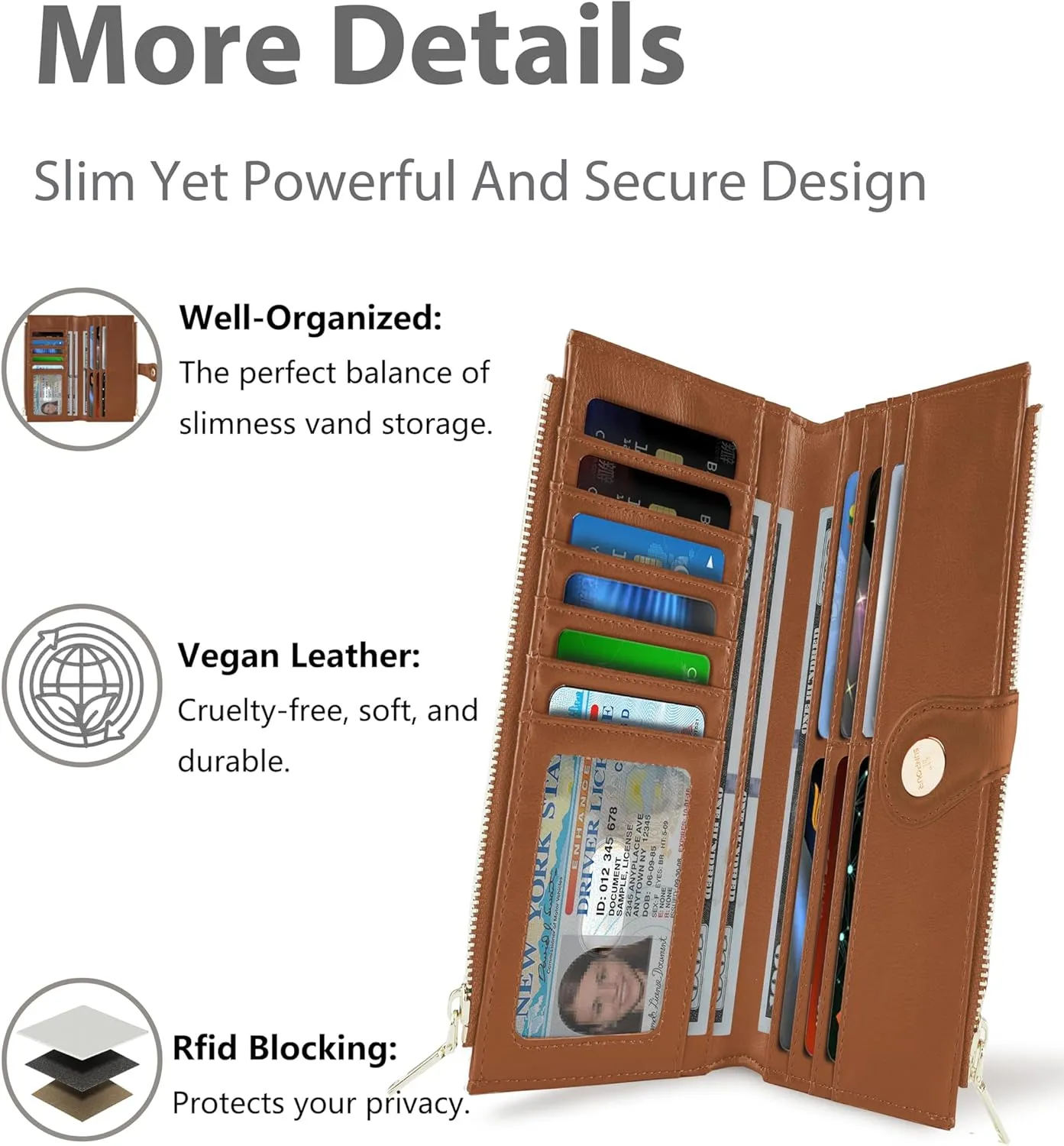 Womens Leather Wallet RFID Blocking Slim Bifold Credit Card Holder Travel Wallet with Double Zipper Pocket(BeigeBrown)