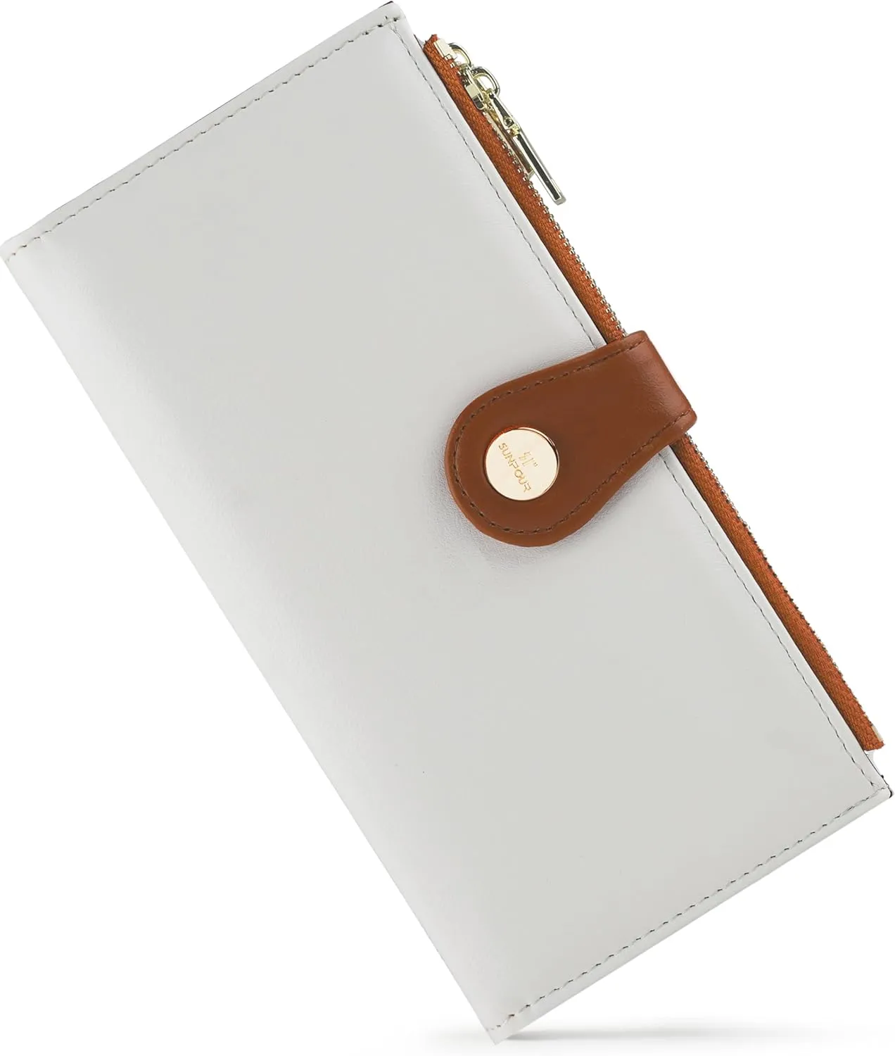 Womens Leather Wallet RFID Blocking Slim Bifold Credit Card Holder Travel Wallet with Double Zipper Pocket(BeigeBrown)